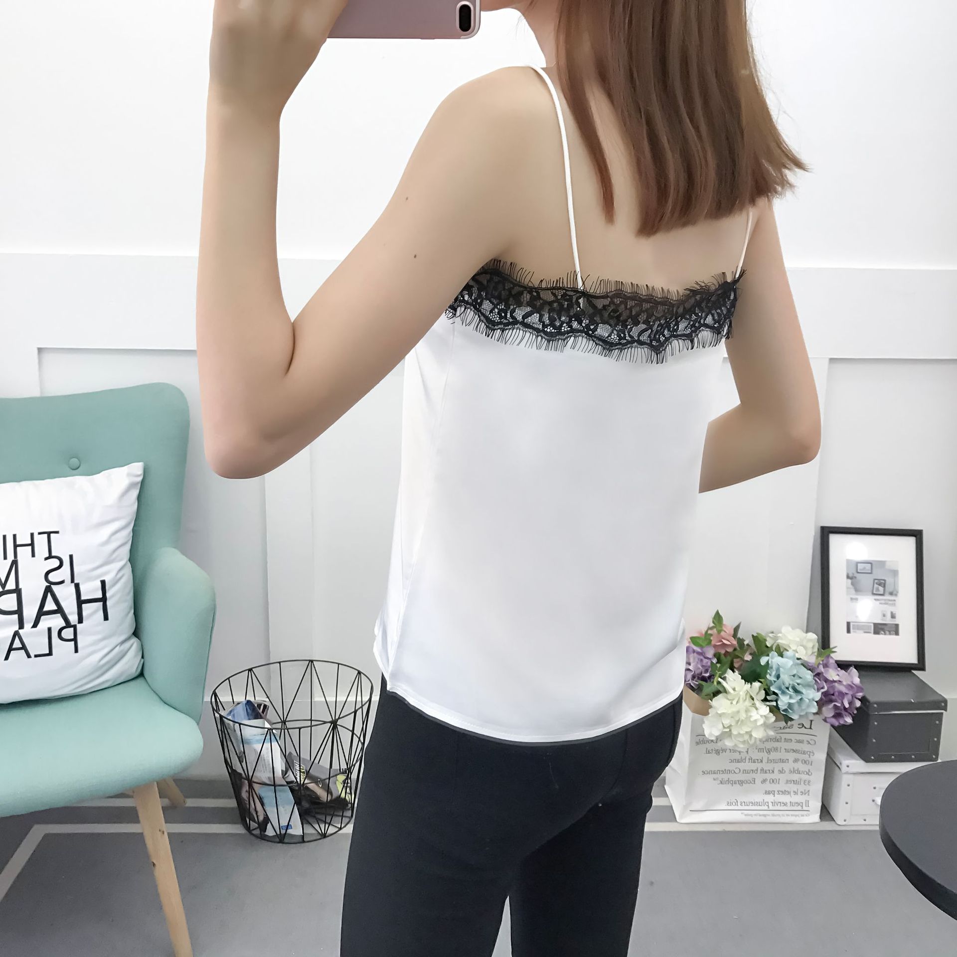2020 Hong Kong Style Outerwear Camisole Women&#039;s Summer Sexy Slim-Fit Eyelashes Lace V-neck Chiffon Loose Base Shirt