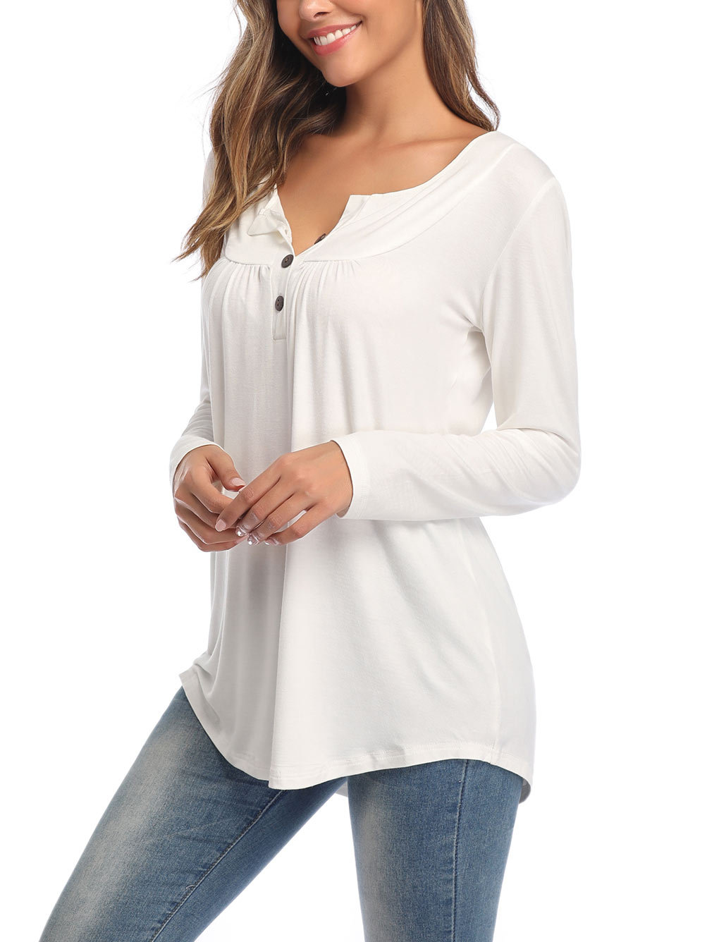 Amazon Popular 2019 Autumn New Large Size Dress V-neck Button Long-Sleeved Upper Garment Plain Pleated Loose T-shirt Amazon Popular 2019 Autumn New Large Size Dress V-neck Button Long-Sleeved Upper Garment Plain Pleated Loose T-shirt