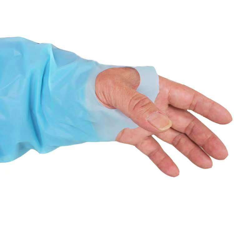 CPE gown laboratory isolation garment with thumb button sleeve as plastic and oil proof