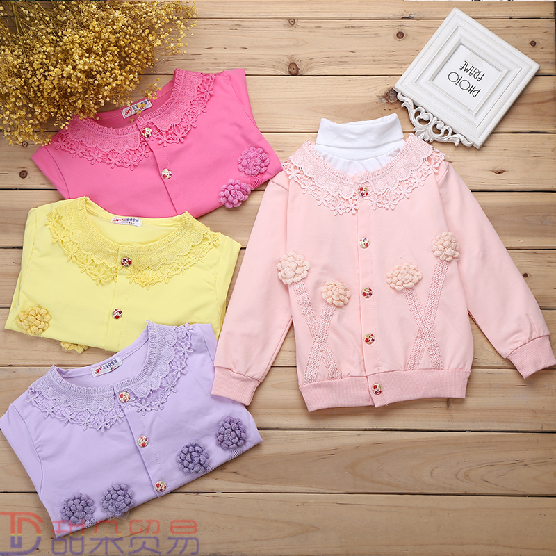 Spring and autumn new girl button unlined upper garment of comfortable flower ball decorated long sleeve coat 2018.