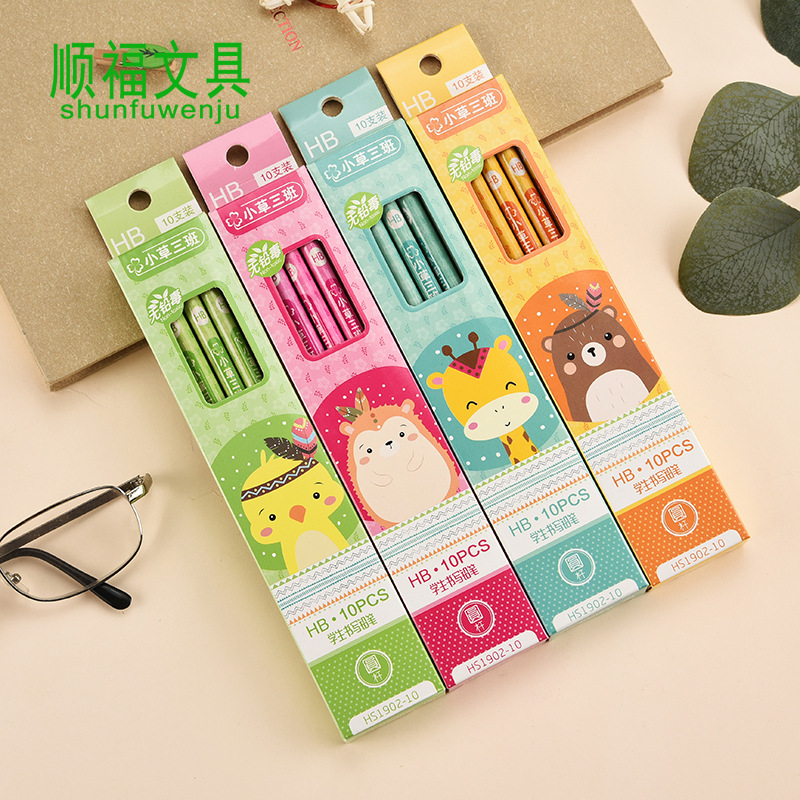 Cartoon 10 PCs Boxed round Brush Pot Small Leather Tip HB Pencil Children&#039;s Regular Writing Stationery Wholesale
