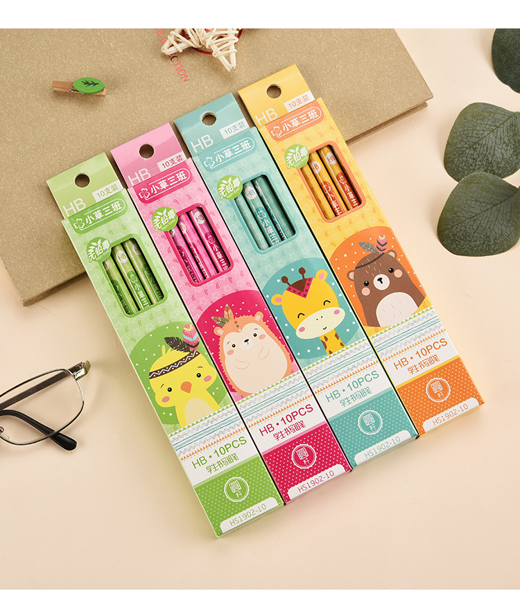 Cartoon 10 PCs Boxed round Brush Pot Small Leather Tip HB Pencil Children's Regular Writing Stationery Wholesale
