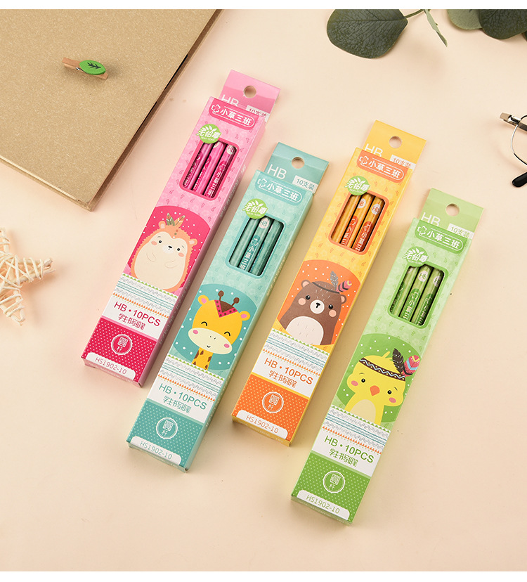 Cartoon 10 PCs Boxed round Brush Pot Small Leather Tip HB Pencil Children's Regular Writing Stationery Wholesale