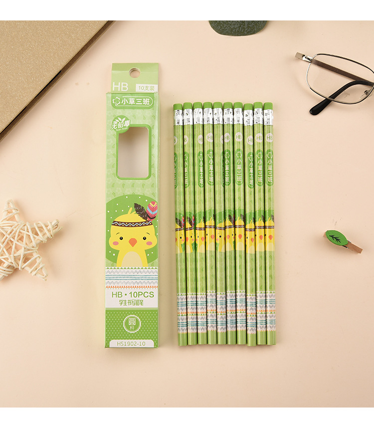 Cartoon 10 PCs Boxed round Brush Pot Small Leather Tip HB Pencil Children's Regular Writing Stationery Wholesale
