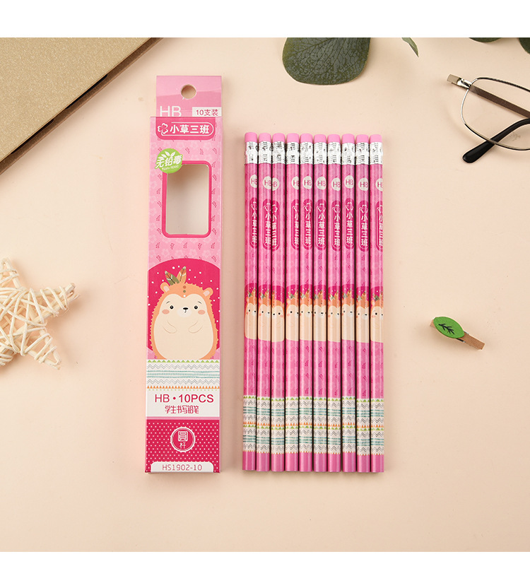 Cartoon 10 PCs Boxed round Brush Pot Small Leather Tip HB Pencil Children's Regular Writing Stationery Wholesale