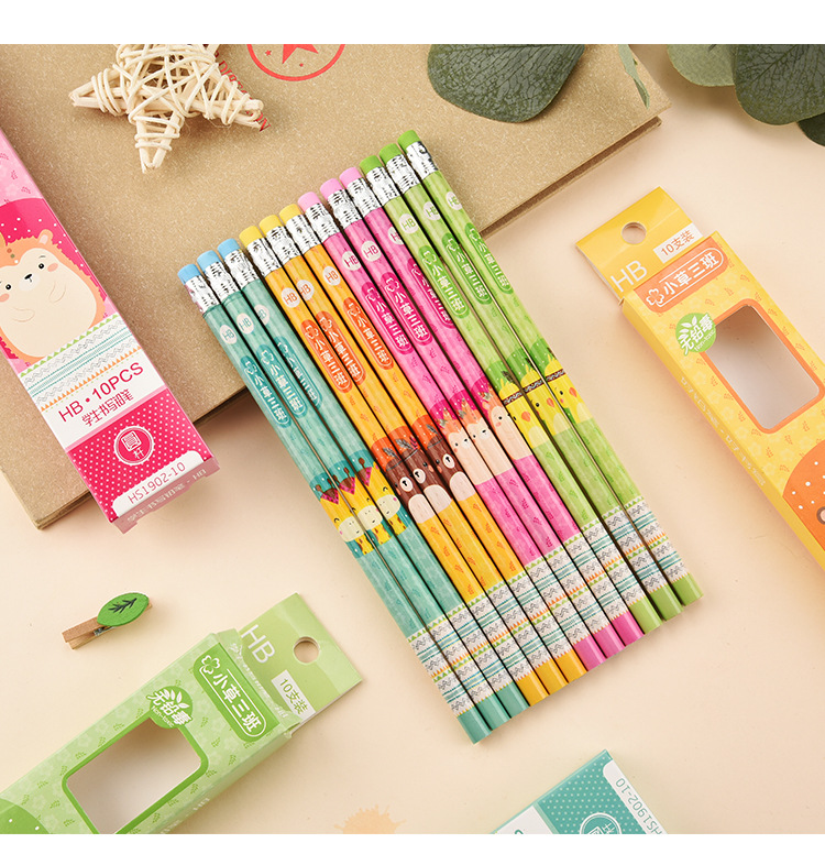 Cartoon 10 PCs Boxed round Brush Pot Small Leather Tip HB Pencil Children's Regular Writing Stationery Wholesale