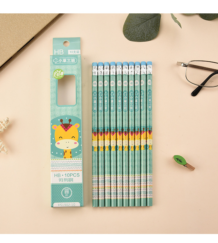 Cartoon 10 PCs Boxed round Brush Pot Small Leather Tip HB Pencil Children's Regular Writing Stationery Wholesale