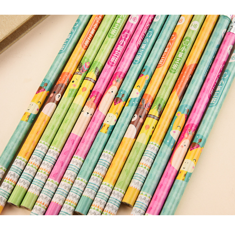 Cartoon 10 PCs Boxed round Brush Pot Small Leather Tip HB Pencil Children's Regular Writing Stationery Wholesale