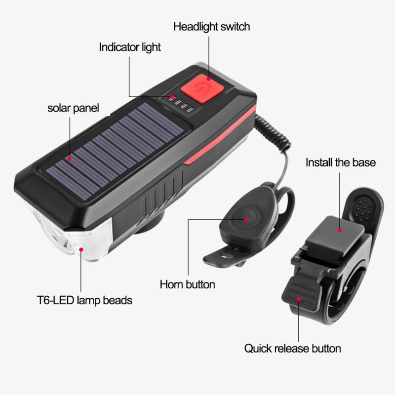 Bicycle Solar Headlight Horn Light Night Outdoor Riding USB Rechargeable Headlight Bicycle Strong Light Flashlight Equipment Bicycle Solar Headlight Horn Light Night Outdoor Riding USB Rechargeable Headlight Bicycle Strong Light Flashlight Equipment