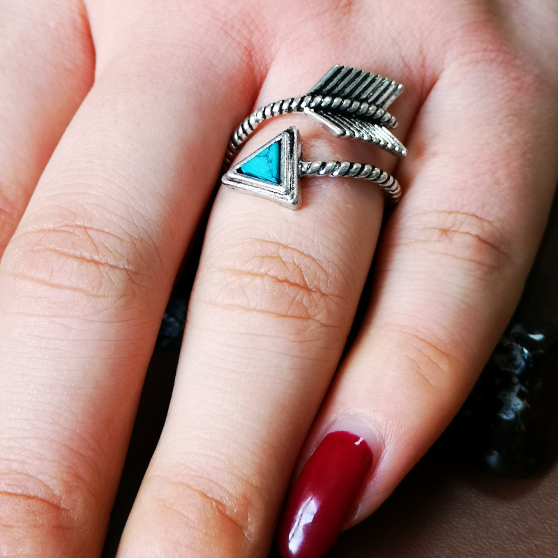 Rongyu ebay new S925 silver plated turquoise feather bow and arrow ring creative retro Thai silver ring