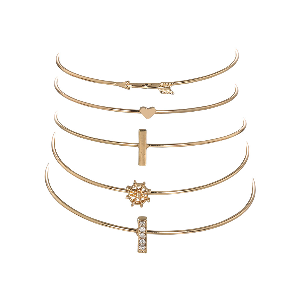 Cross-Border Supply Hand Jewelry European and American Simple Rhinestone Metal Rudder Arrow Love Heart Thin Bracelet Cuff Bracelet