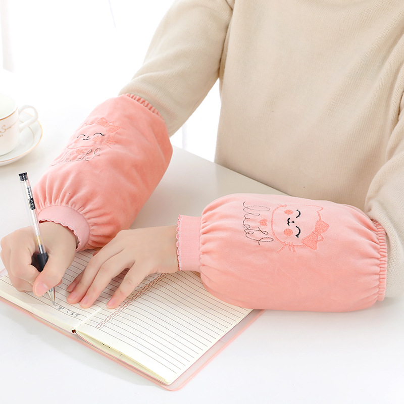 Women&#039;s Fabric Workshop Autumn and Winter New Kitten Embroidered Lace Widened Rubber Band Cuff Flannel Oversleeve Exquisite Sleeves