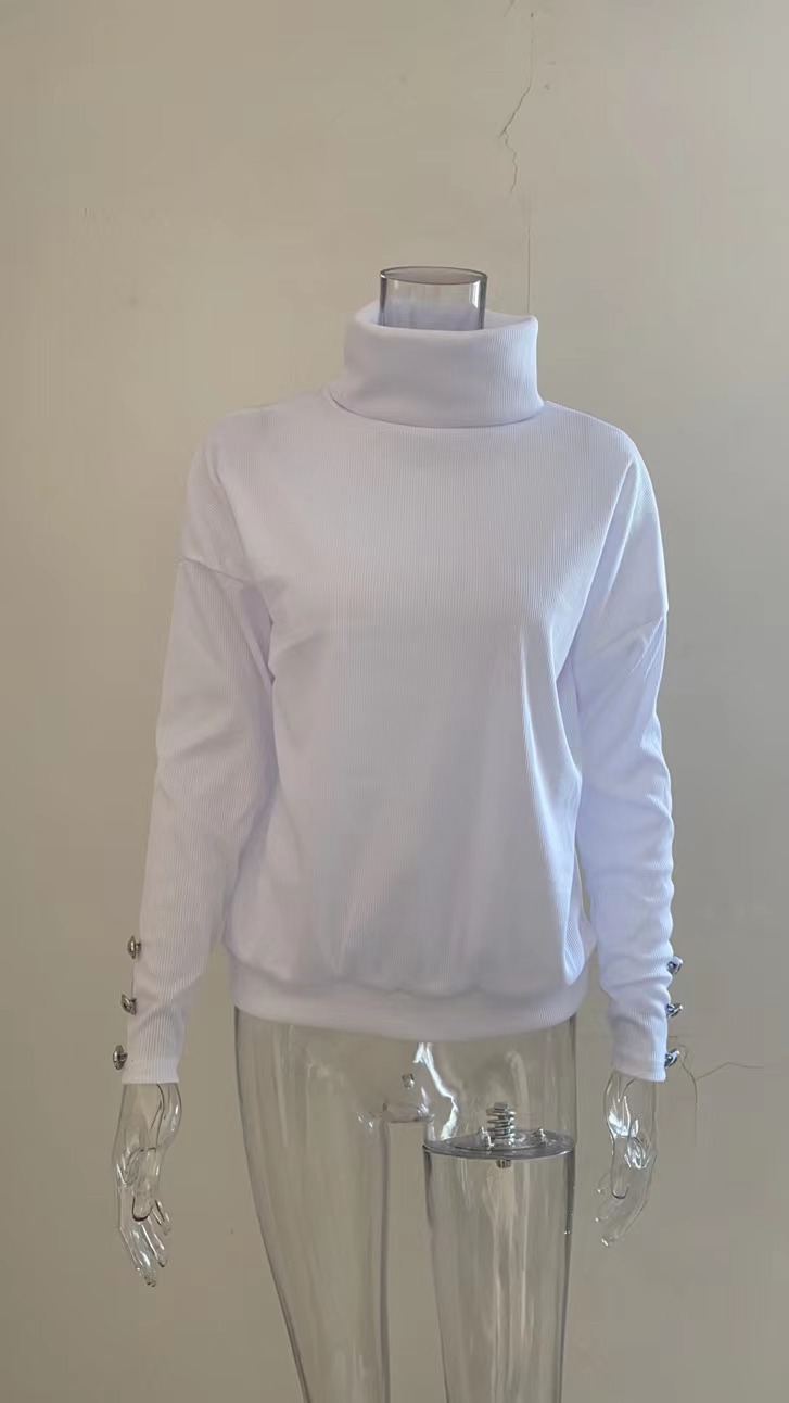 Europe and America Cross Border Autumn and Winter New Striped Turtleneck Cuff Button Sweater Solid Color Casual Loose-Fitting Oversized Sweater Women