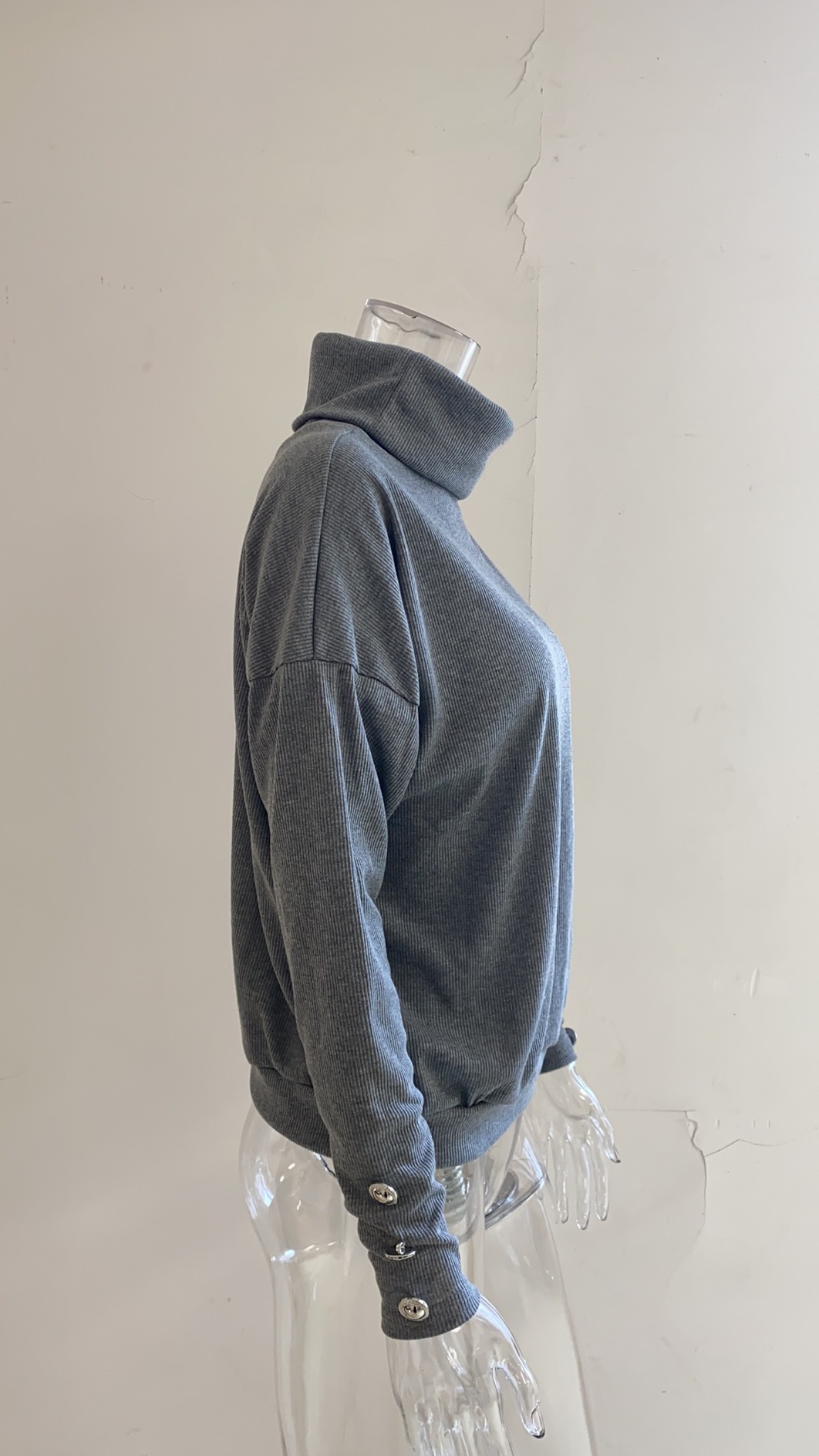 Europe and America Cross Border Autumn and Winter New Striped Turtleneck Cuff Button Sweater Solid Color Casual Loose-Fitting Oversized Sweater Women