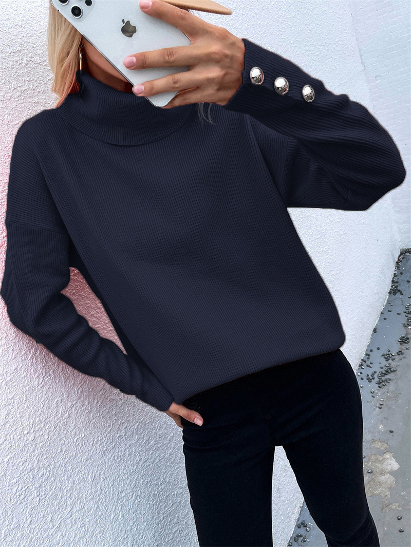 Europe and America Cross Border Autumn and Winter New Striped Turtleneck Cuff Button Sweater Solid Color Casual Loose-Fitting Oversized Sweater Women