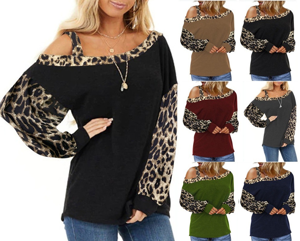 Autumn and Winter TBlood Women&#039;s New Cuff Stitching Loose Diagonal Collar Pullover Long Sleeve Leopard Print Sweater