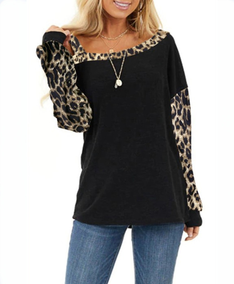Autumn and Winter TBlood Women's New Cuff Stitching Loose Diagonal Collar Pullover Long Sleeve Leopard Print Sweater Autumn and Winter TBlood Women's New Cuff Stitching Loose Diagonal Collar Pullover Long Sleeve Leopard Print Sweater