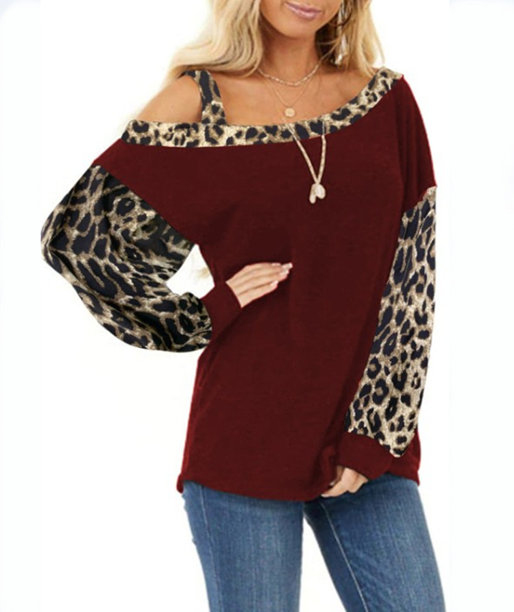 Autumn and Winter TBlood Women's New Cuff Stitching Loose Diagonal Collar Pullover Long Sleeve Leopard Print Sweater Autumn and Winter TBlood Women's New Cuff Stitching Loose Diagonal Collar Pullover Long Sleeve Leopard Print Sweater