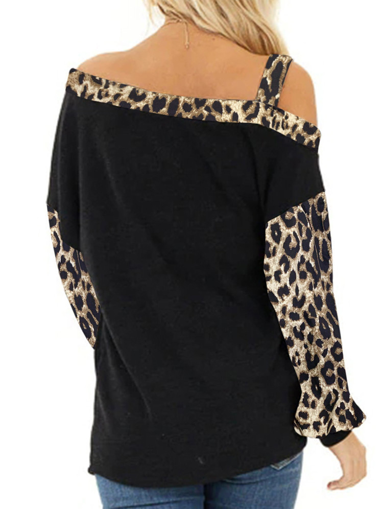 Autumn and Winter TBlood Women's New Cuff Stitching Loose Diagonal Collar Pullover Long Sleeve Leopard Print Sweater Autumn and Winter TBlood Women's New Cuff Stitching Loose Diagonal Collar Pullover Long Sleeve Leopard Print Sweater