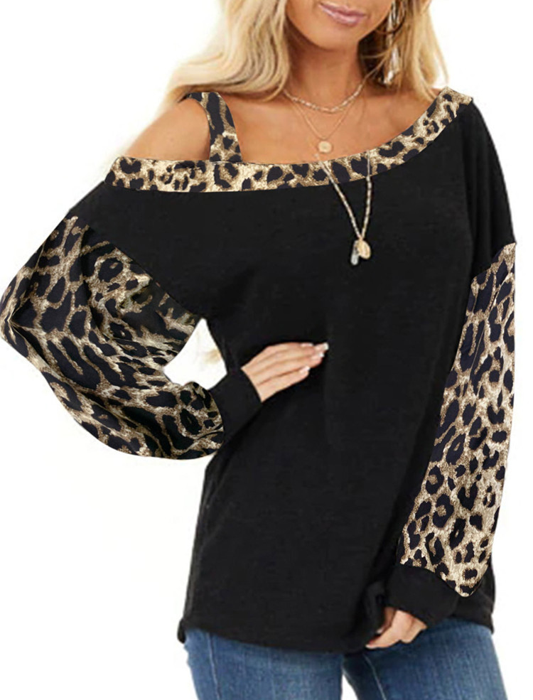 Autumn and Winter TBlood Women's New Cuff Stitching Loose Diagonal Collar Pullover Long Sleeve Leopard Print Sweater Autumn and Winter TBlood Women's New Cuff Stitching Loose Diagonal Collar Pullover Long Sleeve Leopard Print Sweater