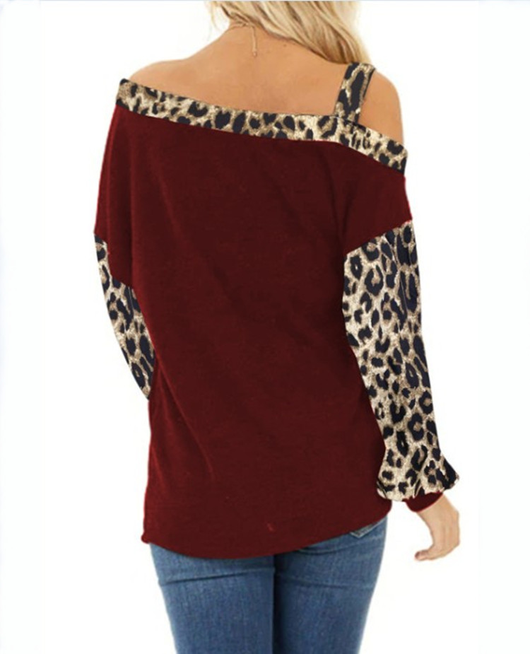 Autumn and Winter TBlood Women's New Cuff Stitching Loose Diagonal Collar Pullover Long Sleeve Leopard Print Sweater Autumn and Winter TBlood Women's New Cuff Stitching Loose Diagonal Collar Pullover Long Sleeve Leopard Print Sweater
