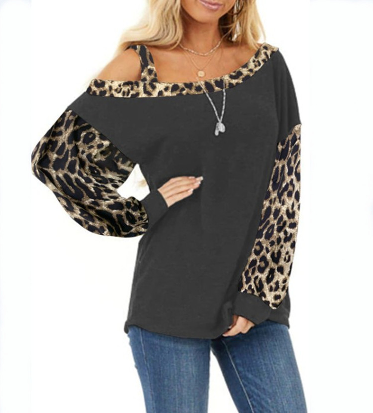 Autumn and Winter TBlood Women's New Cuff Stitching Loose Diagonal Collar Pullover Long Sleeve Leopard Print Sweater Autumn and Winter TBlood Women's New Cuff Stitching Loose Diagonal Collar Pullover Long Sleeve Leopard Print Sweater