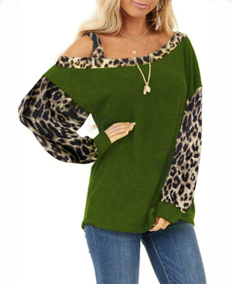 Autumn and Winter TBlood Women's New Cuff Stitching Loose Diagonal Collar Pullover Long Sleeve Leopard Print Sweater Autumn and Winter TBlood Women's New Cuff Stitching Loose Diagonal Collar Pullover Long Sleeve Leopard Print Sweater
