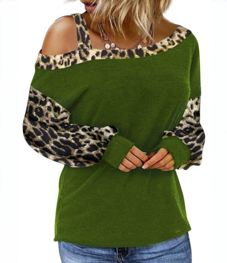 Autumn and Winter TBlood Women's New Cuff Stitching Loose Diagonal Collar Pullover Long Sleeve Leopard Print Sweater Autumn and Winter TBlood Women's New Cuff Stitching Loose Diagonal Collar Pullover Long Sleeve Leopard Print Sweater