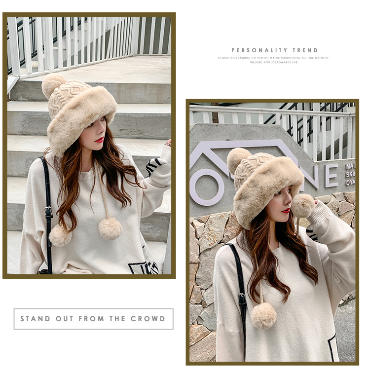 Autumn and Winter Women's Cotton Cashmere Sleeve Cap Shuttlecock Cute Fleece-Lined Thickened Cold Protection Keep Warm Pure Color Knitted Hat Autumn and Winter Women's Cotton Cashmere Sleeve Cap Shuttlecock Cute Fleece-Lined Thickened Cold Protection Keep Warm Pure Color Knitted Hat