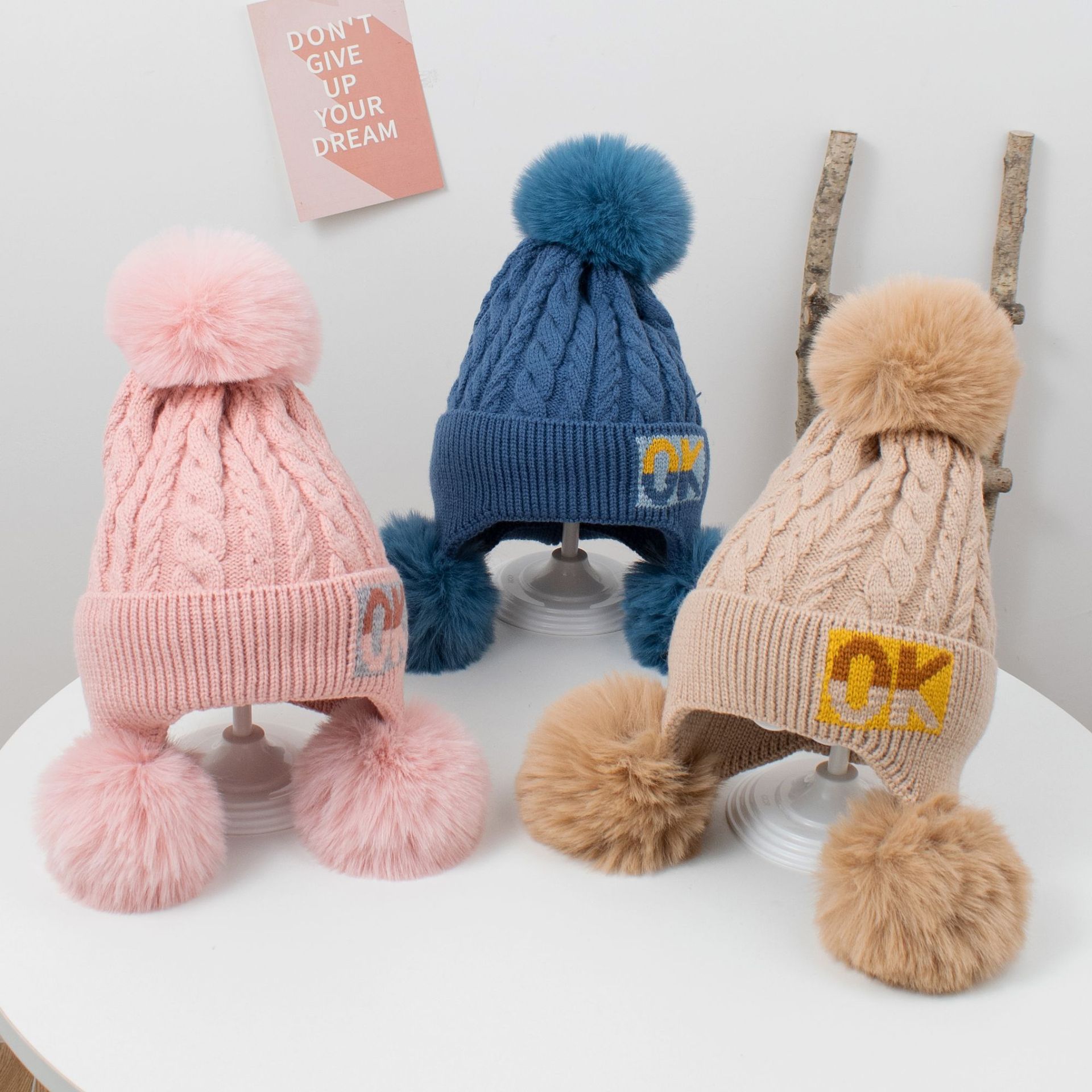 OK Shuttlecock Knitted Hat Lined Girls' Hat Autumn and Winter Cute Princess Hat Children's Ear Protection Fashion Baby