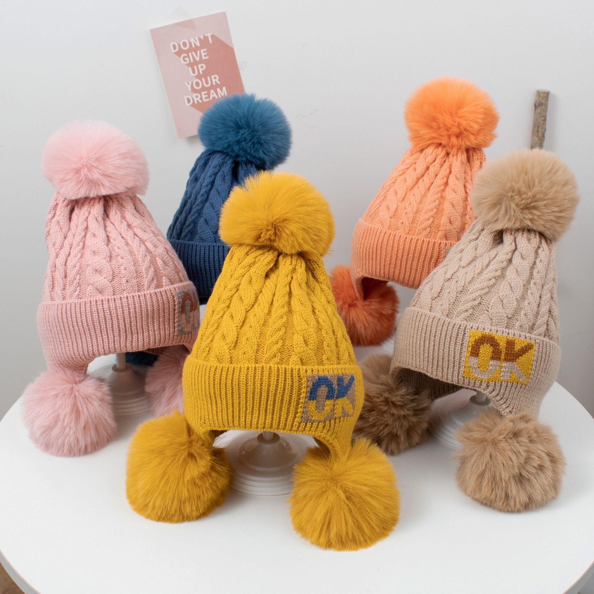 OK Shuttlecock Knitted Hat Lined Girls' Hat Autumn and Winter Cute Princess Hat Children's Ear Protection Fashion Baby