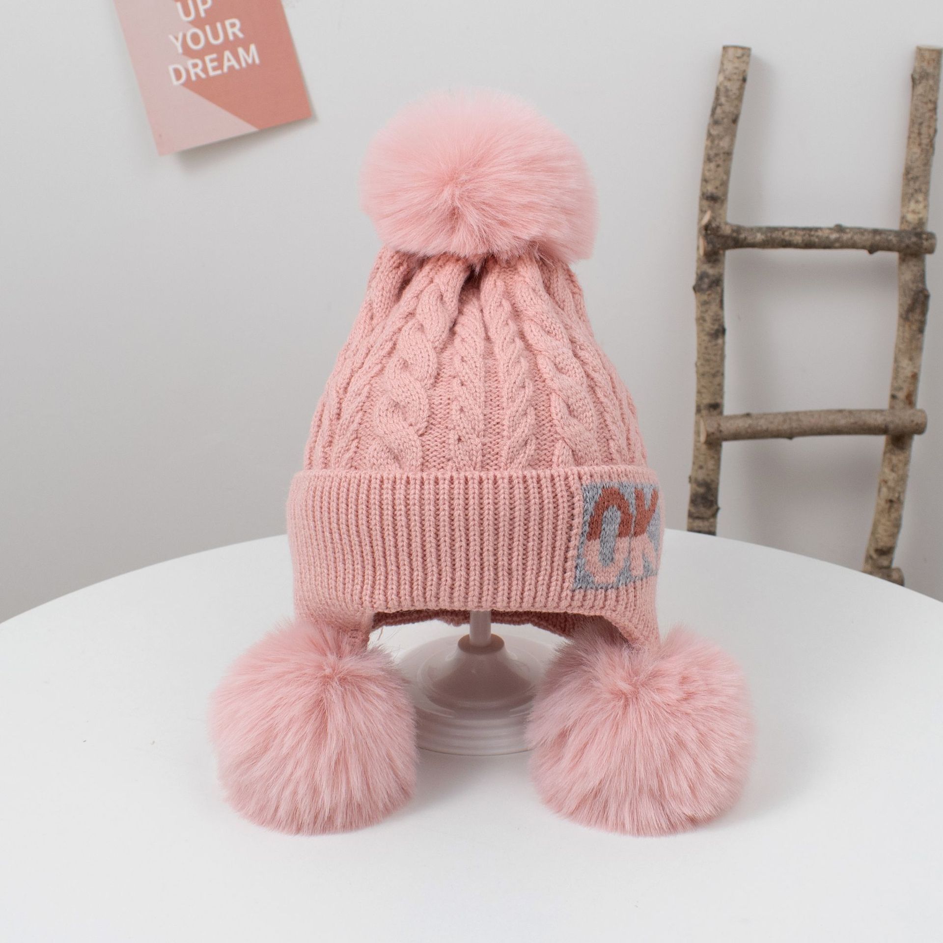OK Shuttlecock Knitted Hat Lined Girls' Hat Autumn and Winter Cute Princess Hat Children's Ear Protection Fashion Baby