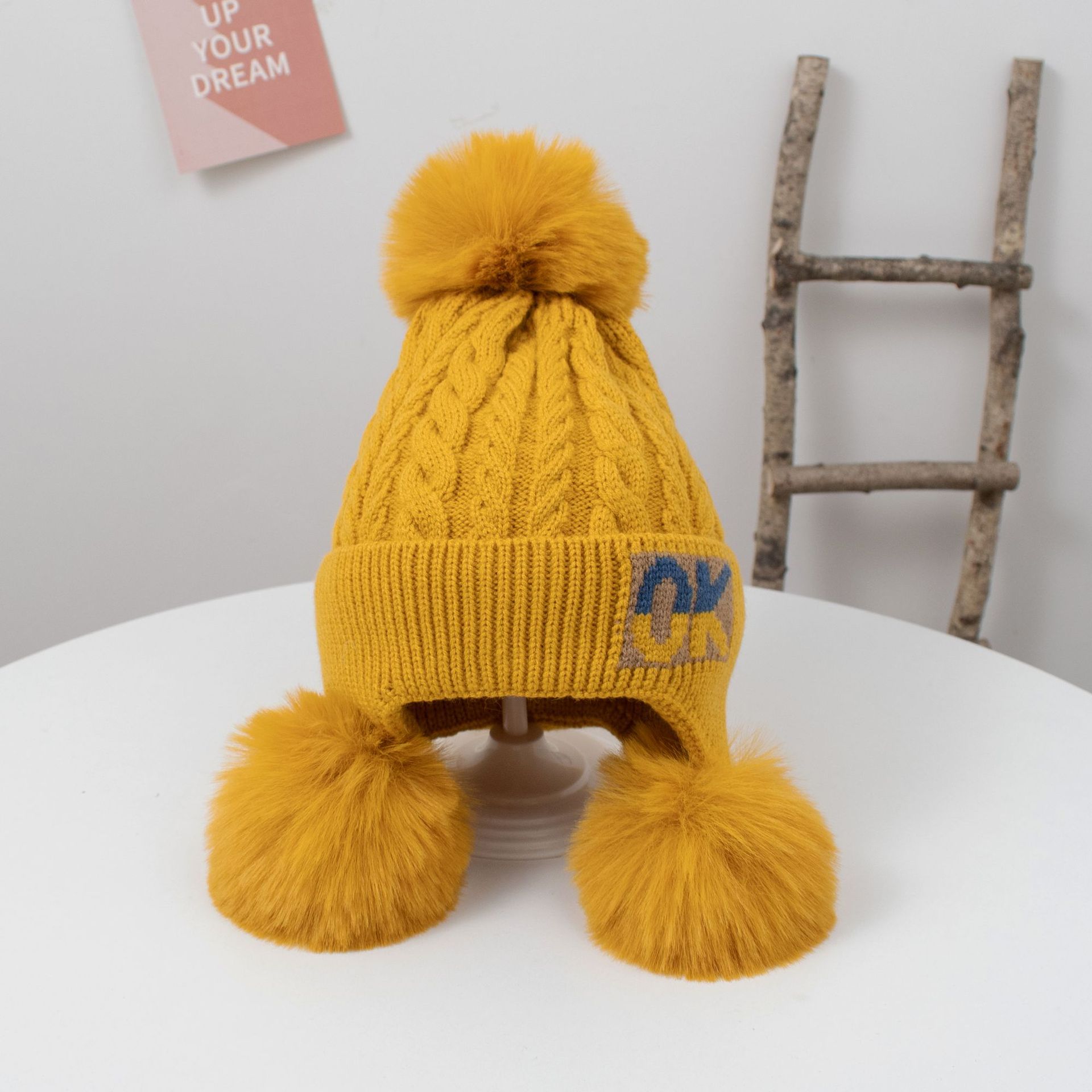 OK Shuttlecock Knitted Hat Lined Girls' Hat Autumn and Winter Cute Princess Hat Children's Ear Protection Fashion Baby