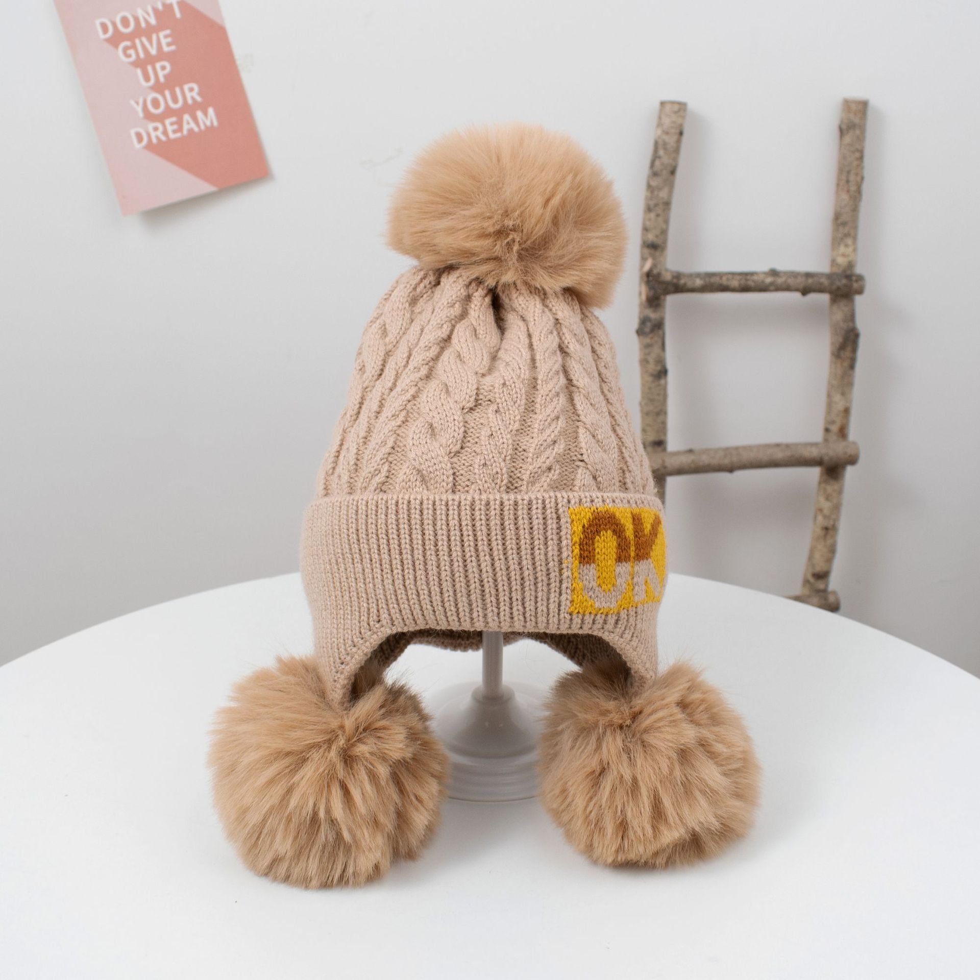 OK Shuttlecock Knitted Hat Lined Girls' Hat Autumn and Winter Cute Princess Hat Children's Ear Protection Fashion Baby