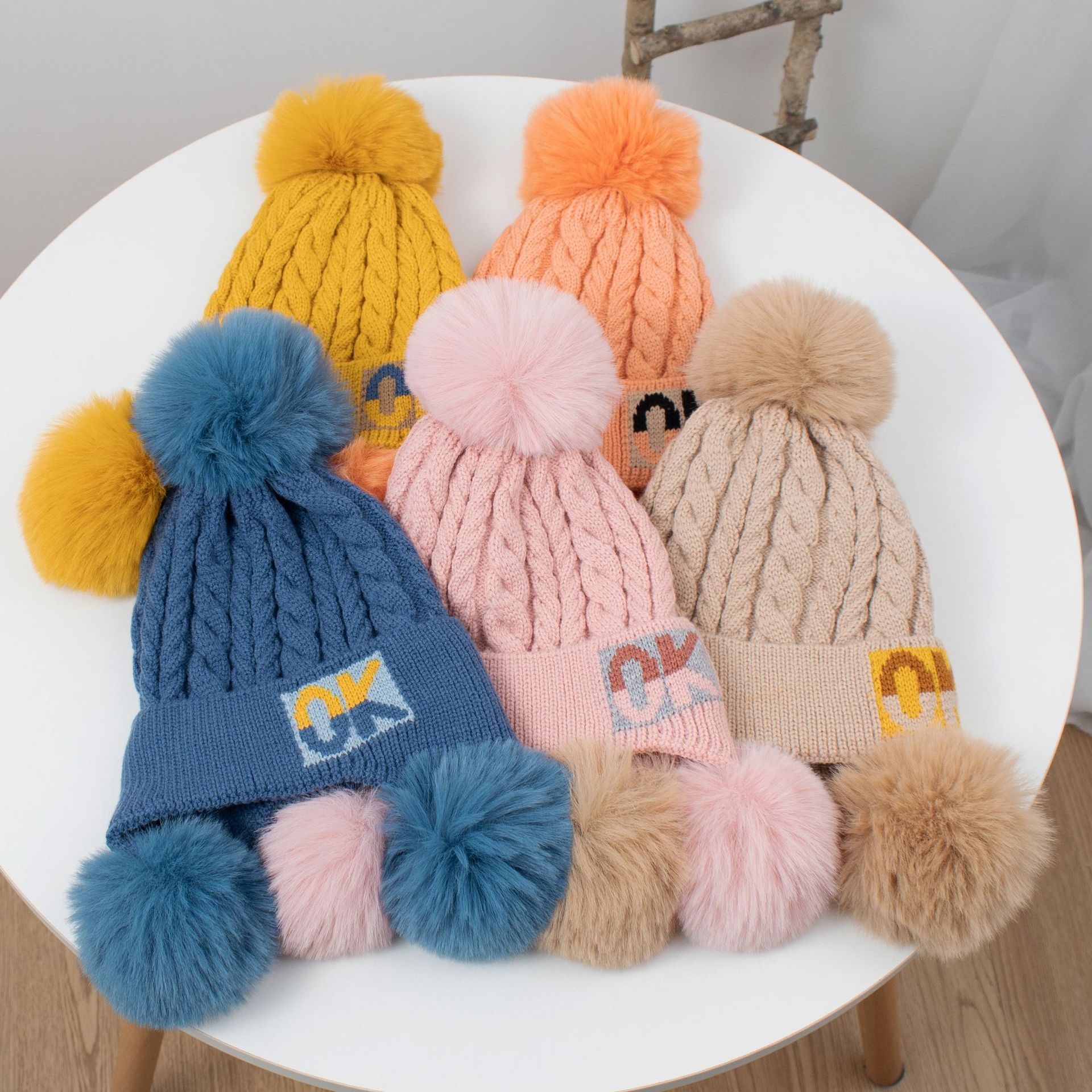 OK Shuttlecock Knitted Hat Lined Girls' Hat Autumn and Winter Cute Princess Hat Children's Ear Protection Fashion Baby