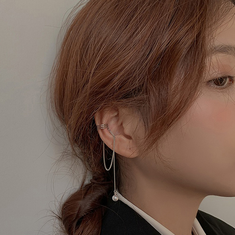 Pearl Chain Tassel Ear Cuff Ear Clip Women&#039;s round Face Slimming Long Ear Clip Earless Earrings Korean Style Online Red Spring