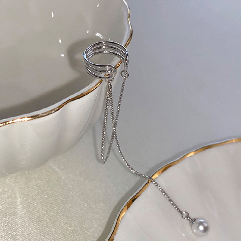 Pearl Chain Tassel Ear Cuff Ear Clip Women&#039;s round Face Slimming Long Ear Clip Earless Earrings Korean Style Online Red Spring