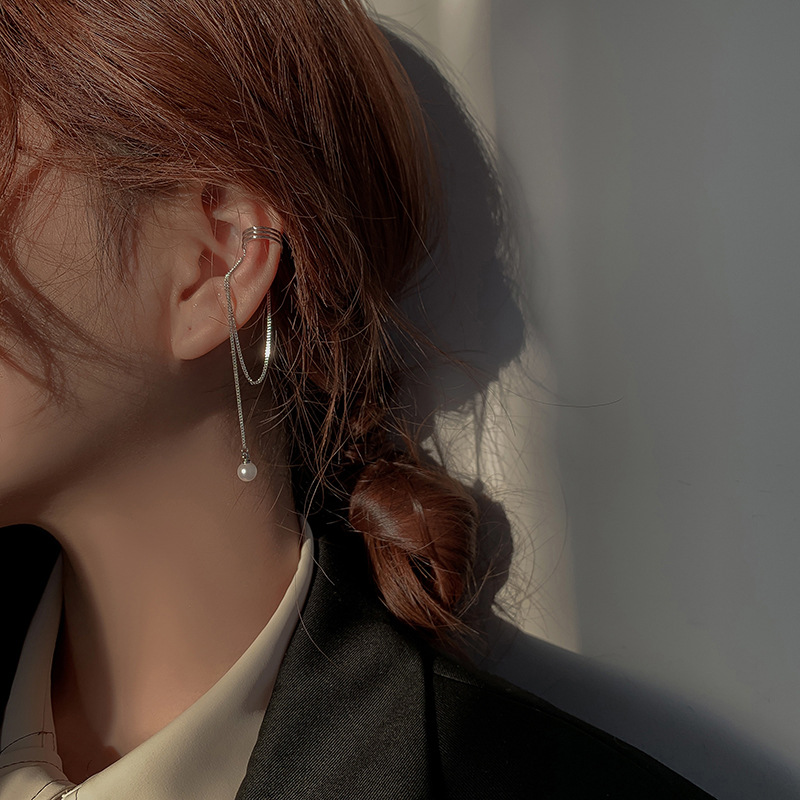 Pearl Chain Tassel Ear Cuff Ear Clip Women&#039;s round Face Slimming Long Ear Clip Earless Earrings Korean Style Online Red Spring