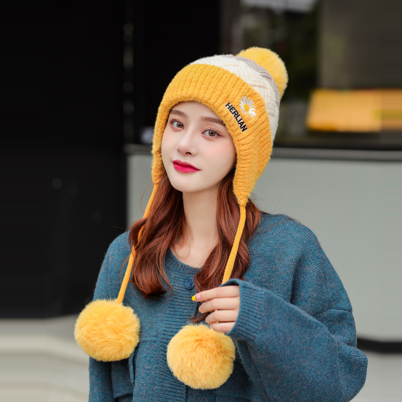 Hat Women&#039;s Autumn Winter Korean-Style Trendy Ear Shuttlecock Scarf Fleece Warm Hat Windproof Cycling Wool Cap