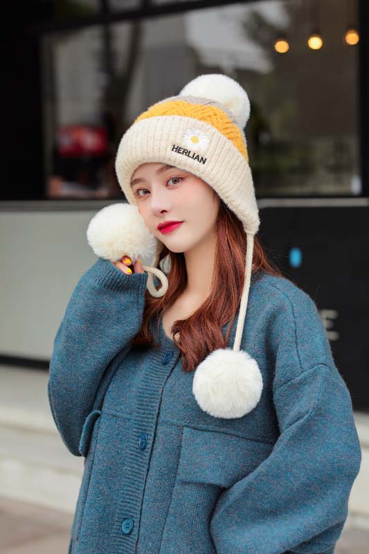 Hat Women's Autumn Winter Korean-Style Trendy Ear Shuttlecock Scarf Fleece Warm Hat Windproof Cycling Wool Cap