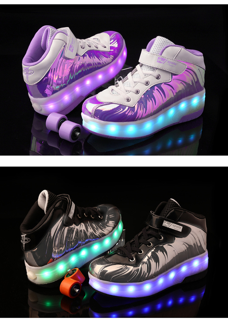 Cross-Border Supply Children's High-Top Heelys Double Wheel the Skating Shoes Pulley with Light Boys and Girls Skates Shoes with LED Light