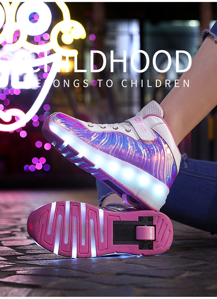 Cross-Border Supply Children's High-Top Heelys Double Wheel the Skating Shoes Pulley with Light Boys and Girls Skates Shoes with LED Light