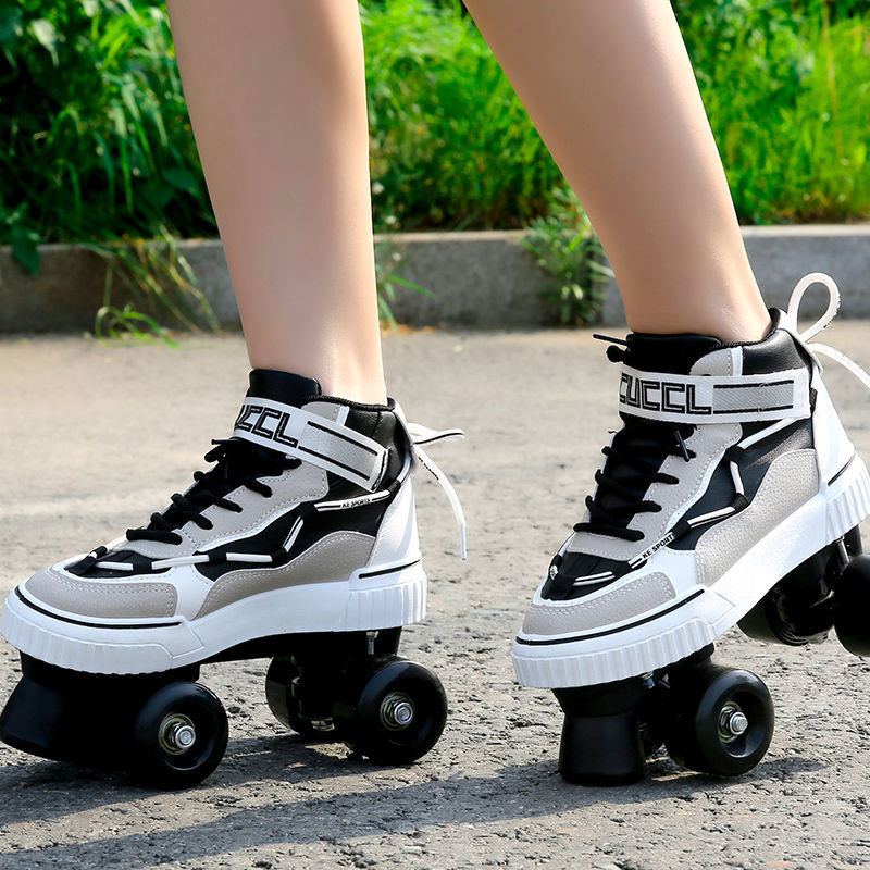 Black and Gray Double-Row Double-Wheel the Skating Shoes Pu Skates