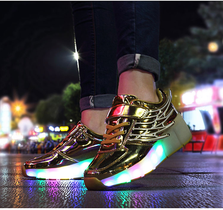 Amazon AliExpress Supply Luminous Heelys Single Wheel Skate Shoes Double Wheel Skates Wings Light Shoes K02