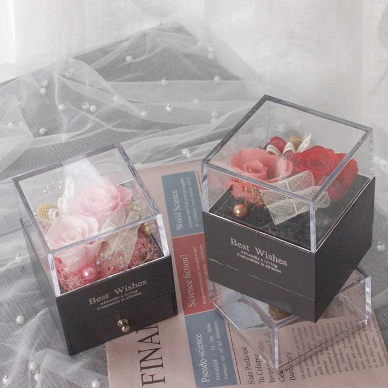 Preserved Fresh Flower Transparent Acrylic Flower Box Valentine&#039;s Day Gift Preserved Fresh Flower Rose Square Gift Box