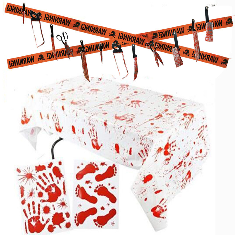 Halloween Scene Decorations Arrangement Props Warning Tape Isolation Belt Tablecloth Footprints Hand Print Cutter Decoration Props