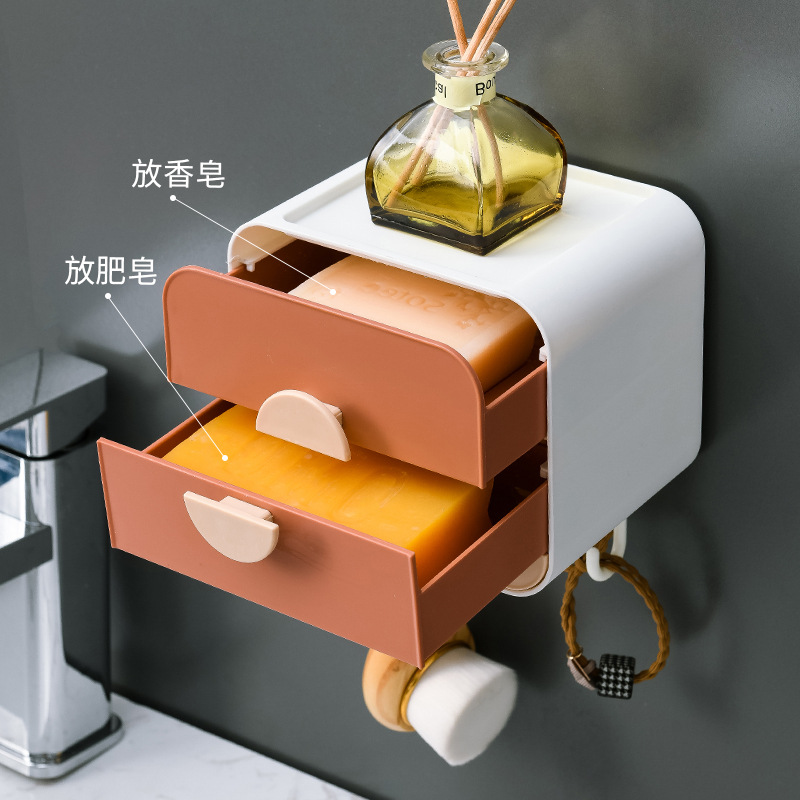Seamless Adsorption Double-Layer Soap Box Draining Rack Wall-Mounted Bathroom Bathroom Soap Box Soap Box Soap Box Soap Box Jewelry Box