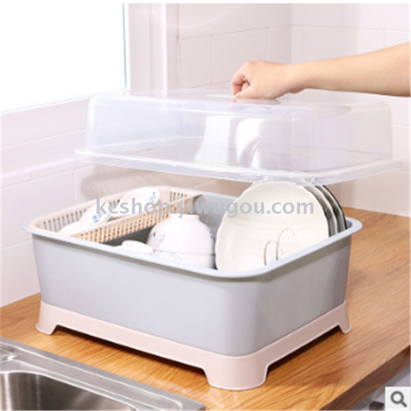 Kitchen cupboard, large plastic cover, set aside dish stand, dripping dish, dish set aside