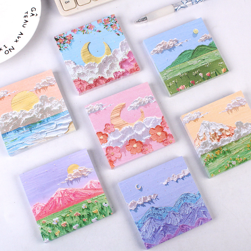Creative 80 Oil Painting Landscape Sticky Notes Student Office Notes Left Note Sticker Thickened Paper Note Can Be Pasted