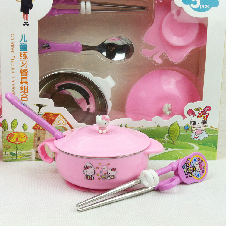 Stainless Steel Double-Layer Children&#039;s Cartoon Insulated Bowl Hello Kitty Tableware Gift Box 5-Piece Set